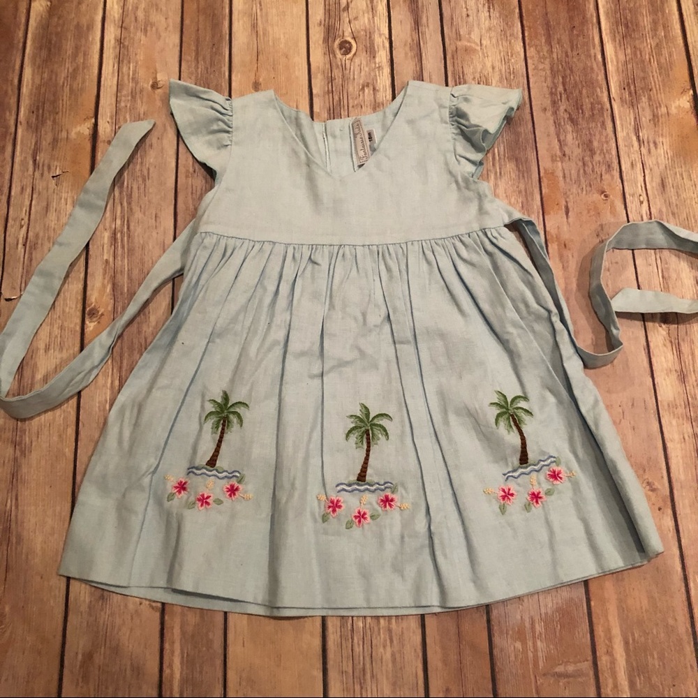Fantaisie kids blue palm tree embroidered dress